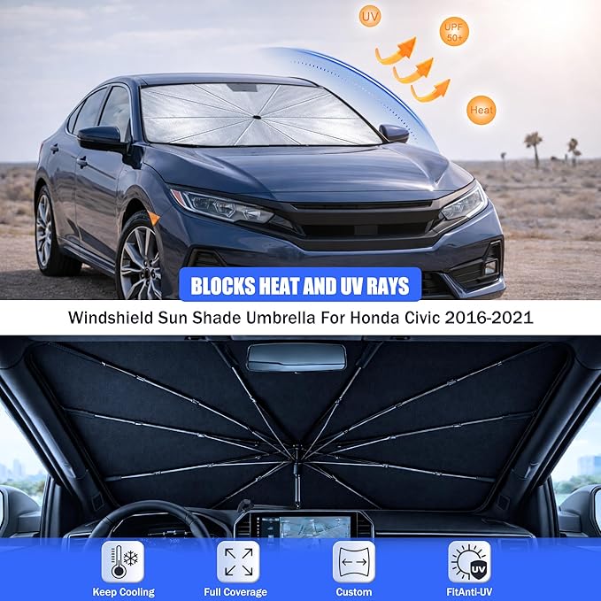 2026 Upgraded Car Windshield Sun Shade Umbrella - Custom-Fit for Honda Civic 2016-2021 Umbrella Sunshade,Easy Install,UV Protection & Heat Reflective,Keep Interior Cooler with Storage Bag