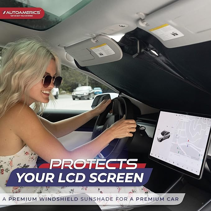 Autoamerics 1-Piece Tesla Model Y Sunshade & 3 Sunshade - Special Design for Model Y & 3 Windshield - Foldable Lightweight M3 Sun Shield - 2023 Tesla Y/3 Accessories