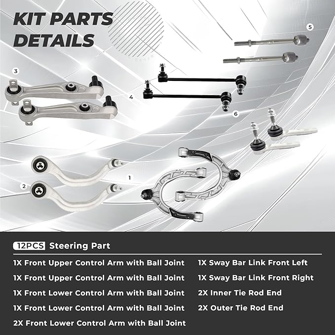 Suspension Front Control Arm Kit Compatible With 2017 2018 2019 2020 2021 Tesla Model 3 Sway Bar Link Front, Outer Tie Rod End & Inner Tie Rod End