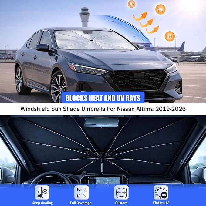 2026 Upgraded Car Windshield Sun Shade Umbrella - Custom-Fit for Ni-s-s-an Altima 2019-2026 Umbrella Sunshade,Easy Install,UV Protection & Heat Reflective,Keep Interior Cooler with Storage Bag
