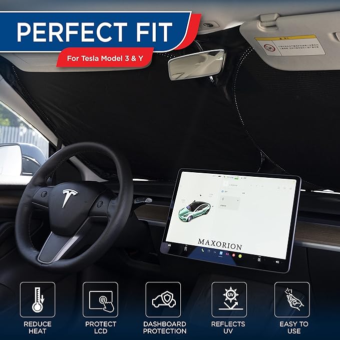 MAXORION Tesla Model 3 & Y Sunshade Windshield- Made from Genuine 2-Layer Material. in Addition to The Tesla Model 3 and Y Windshield Sun Shade, a Cleaning Cloth is Also Included in The Package.