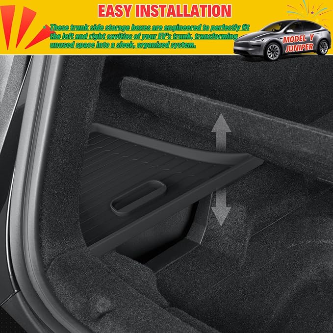 2 Pcs Trunk Storage Bins Compatible with 2025 2026 New Tesla Model Y Juniper Rear Trunk Side Organizer with Lids Hidden Compartment - TPE Waterproof, Black Interior Accessories