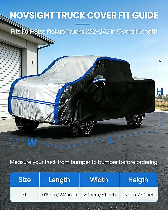 NOVSIGHT Pickup Truck Cover Waterproof, Heavy Duty 10-Layer All Weather Cover with Windproof Straps, Fits 232-242 in Full-Size Trucks, for F150 Silverado 1500 Sierra 1500 Ram 1500