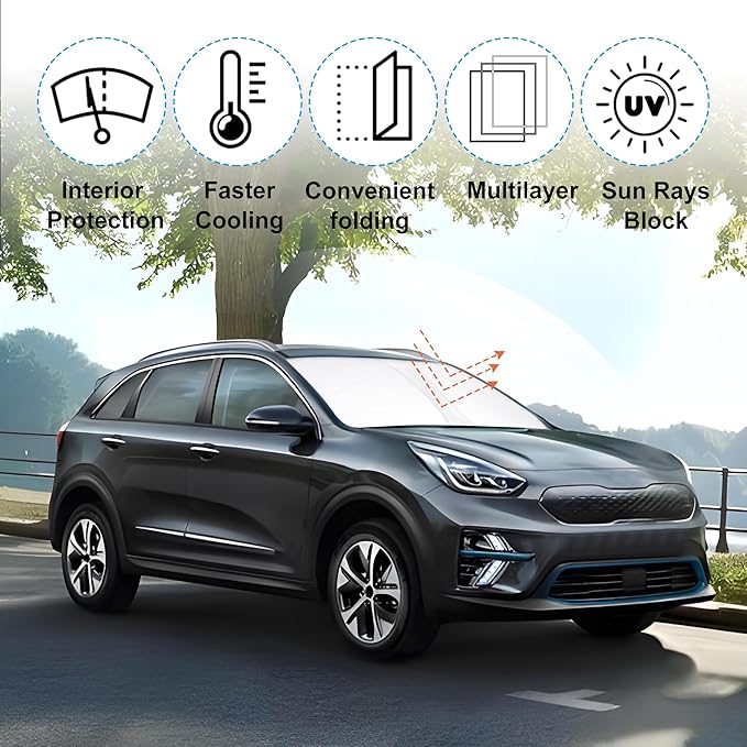 Windshield Sun Shade Custom Fit 2017 2018 2019 2020 2021 2022 Kia NIRO Accessories Foldable Sunshade Sun Blocker Front Window Shades Covers Keep Car Cooler