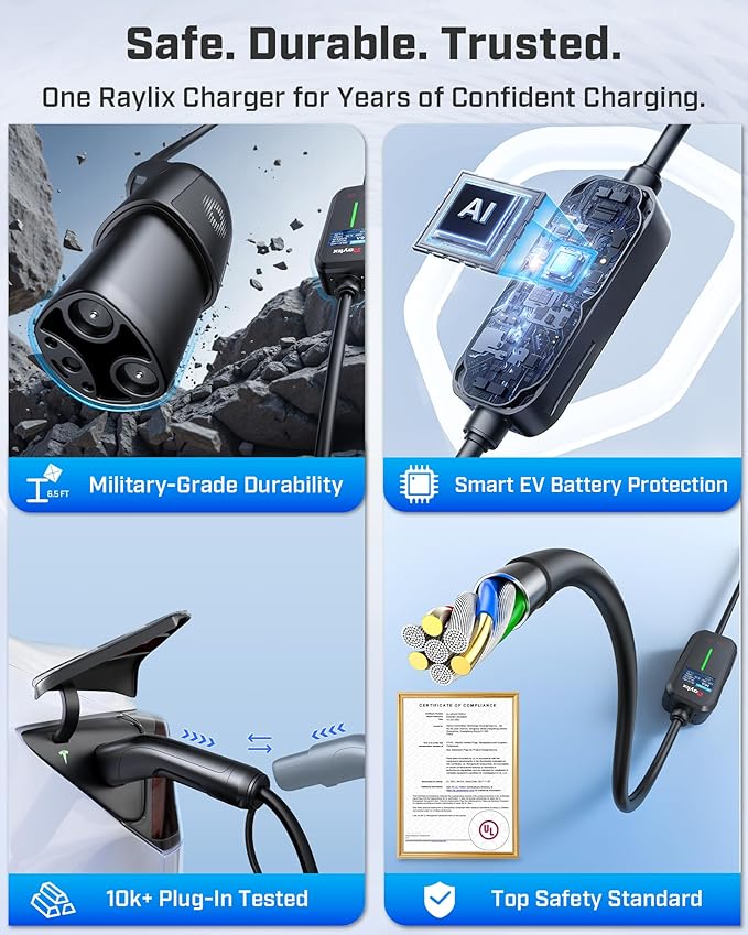 2026 Upgraded Level 1&2 Tesla Mobile Charger, 8-16Amp Adjustable Current & Timer, 110V–240V, NEMA 5-15 & 6-20 Plug, 21ft Tesla Charging Cable, Mobile Connector for Tesla Model Y/3/X/S/Cybertruck