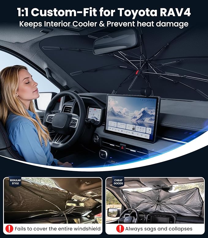 Zanch 2026 Upgraded Windshield Sun Shade Umbrella: Custom Fit for Toyota RAV4 2017-2026 Front Window Sunshade, Block UV Rays & Keep Car Cool, 1:1 Scan for RAV4, No Gaps & No Scratches.