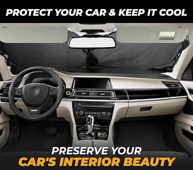 Windshield Sun Shade for Car, SUV & Truck – Patented Design Blocks 99% UV Rays & Heat | 240T Reflective Polyester Sunshade with Storage Bag | Keeps Vehicle Interior Cool | Universal Fit L(64" x 34")