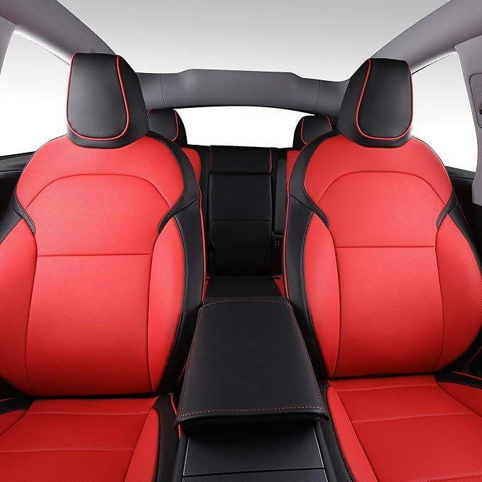 Custom Fit Seat Covers for 2025 2026 Tesla Model Y Juniper (5-Seater) - Ventilated Seats & Rear Screen Compatible - Nappa Leather Full Set Car Seat Protectors (Black+Red, Model Y 2025)