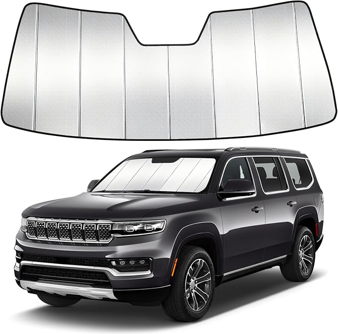 Windshield Sun Shade Custom Fit for Jeep Wagoneer, Grand Wagoneer 2022-2026, Accordion Folding Thick Window Sunshade Block Heat 99% UV Rays Sun Visor Keep Cooler Car Accessories