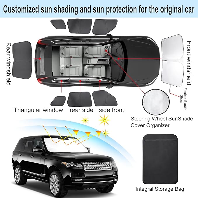 8PCS Windshield Sun Shade Custom Fit for 2013-2021 Land Rover Range Rover (Not Fit Range Rover Sport) Accessories Foldable Sunshade Side Rear Window Shade Cover Full Set Privacy Protection