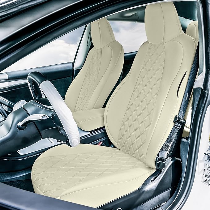 FH Group Custom Fit Car Seat Covers Specifically Made for 2017–2023 Tesla Model 3 Full Set Solid Beige Ultraflex Neoprene Car Seat Covers, Waterproof Automotive Seat Covers, Tesla Accessories