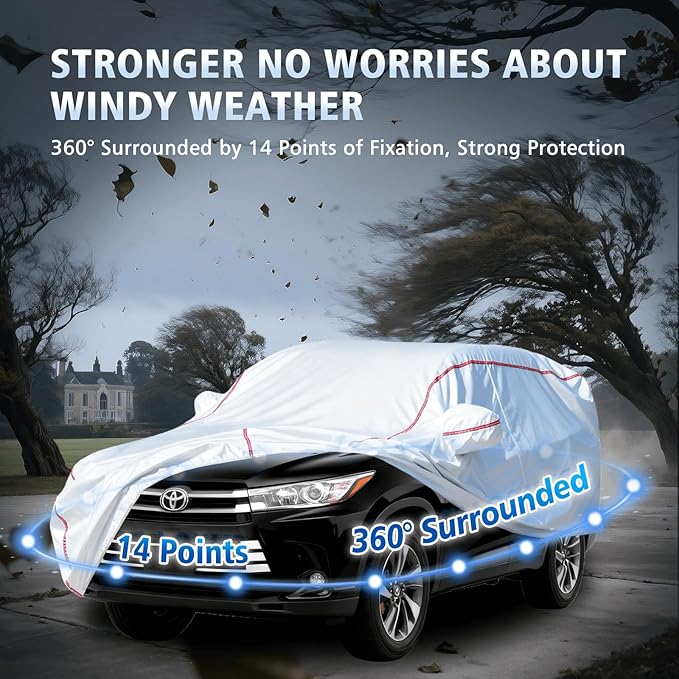 Car Cover Waterproof All Weather,All-Around Fastening and 4 Upgrades, 60s Quick-Install for Car Cover（for Toyota Highlander 2001-2025）