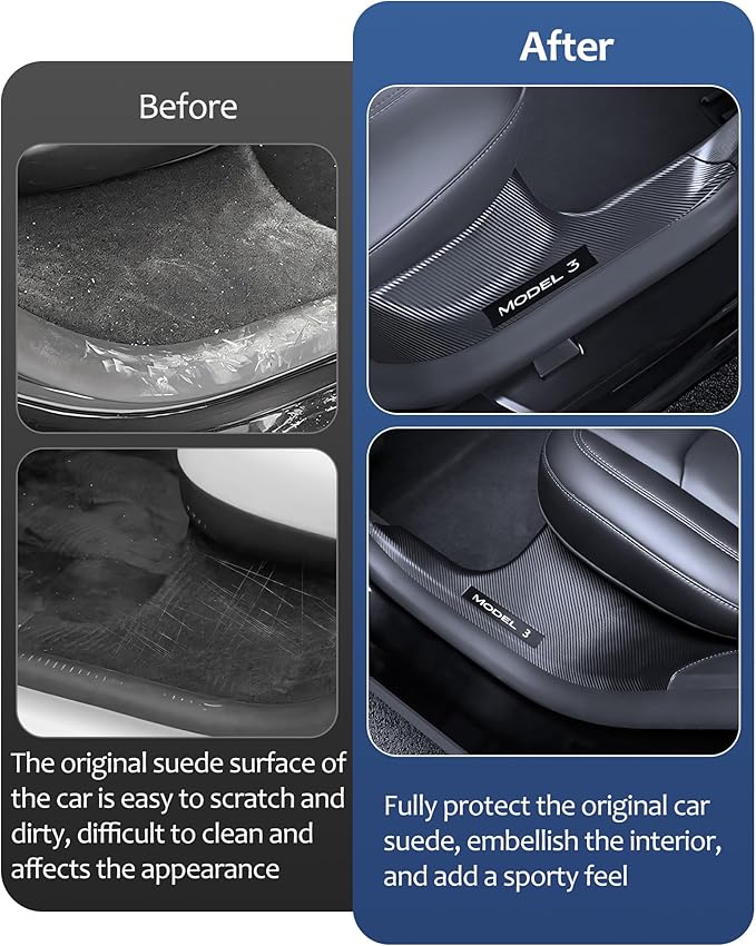 2025 8PCS Tesla Door Sill Protector for Model 3 2024 2025 Highland, Carbon Fiber Door Sill Scuff Plate Edge Guard, Front and Rear Door Entry Guard Scuff Plate Carpet Front Rear Sill