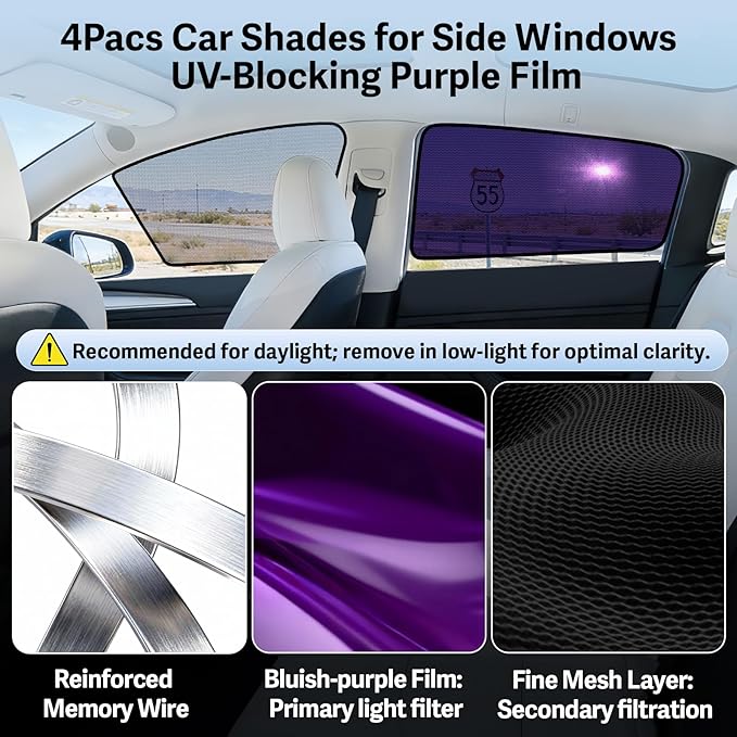 ZATOOTO Tesla Model Y Car Window Shades 4Pack | Clear for Safe Driving | Bluish-Purple for Passenger Comfort | UV Protection | Static Cling Side Window Sun Shade Blocker with Storage Bag | 2020-2024 |