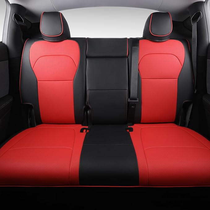Custom Fit Seat Covers for 2025 2026 Tesla Model Y Juniper (5-Seater) - Ventilated Seats & Rear Screen Compatible - Nappa Leather Full Set Car Seat Protectors (Black+Red, Model Y 2025)