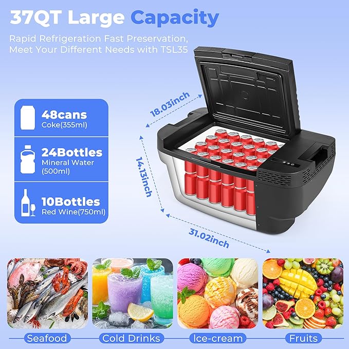 Car Refrigerator for Tesla Model Y, 37QT(35L) -4℉~68℉ Car Fridge 12V Refrigerator for Tesla Model Y Trunk Portable Freezer for Camping Tailgating Road Trip Home 12/24V DC&120~240V AC, App Control