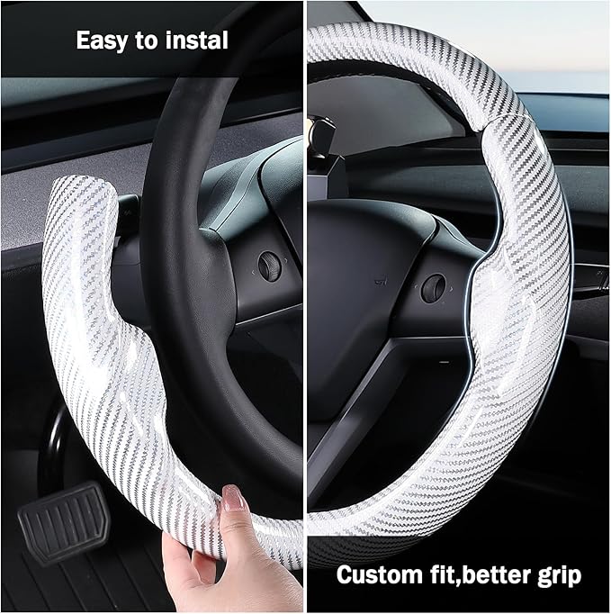 Steering Wheel Cover for 2017-2023 Tesla Model 3 2020-2024 Tesla Model Y, Carbon Fiber Steering Wheel Cover for Tesla Model 3/Y Accessories, Glossy White