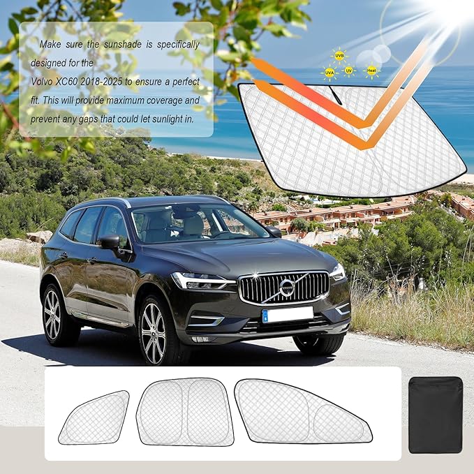 KMF 8pcs Thicken Sun Shades for Volvo XC60 2018-2025 Accessories, Full Car Window Covers Sunshade for Windshield Side Rear, UV Block and Blackout Protect Privacy for Car Camping Outdoor