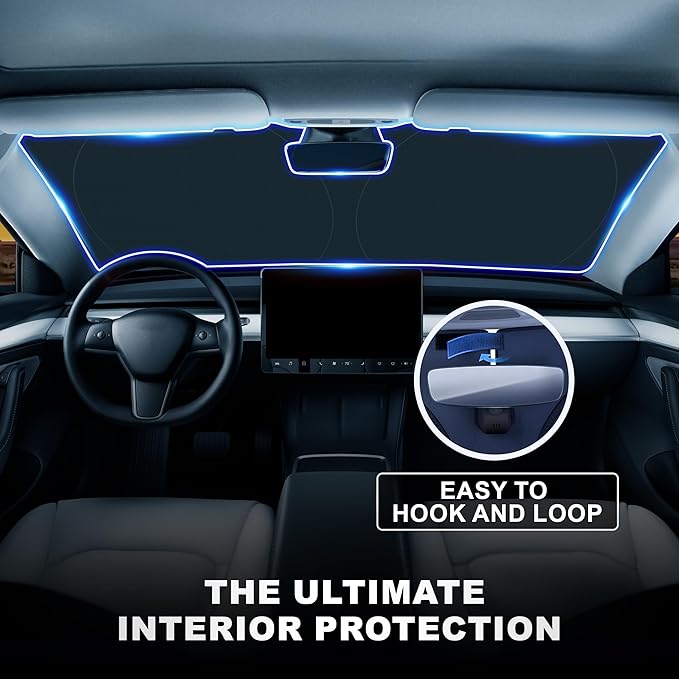 Tesla Windshield Sun Shade for Model 3 and Y | Reflective 240T Material Blocks Sun & Heat | Offers Protection for Car Interior | Foldable Sun Blocker with Storage Pouch | Tesla Car Accessories