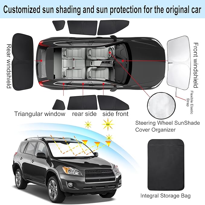 8PCS Windshield Sun Shade Custom Fit for 2006-2012 Toyota RAV4 Accessories Foldable Sunshade Side Rear Window Shade Cover Full Set Privacy Protection Keeps Car Cool