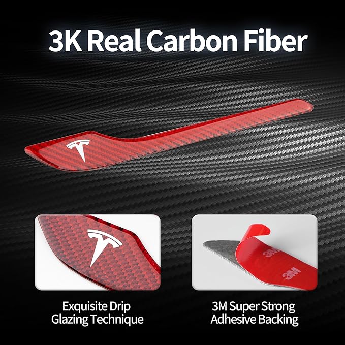 Polwlamks 4 Pack Door Handle Cover Fits Model Y/Model 3, Real Carbon Fiber Handle Cover Sticker, 3D Tesla Door Handle Protector Wrap Covers with 3M Self-Adhesive Backing, Tesla Red Accessories