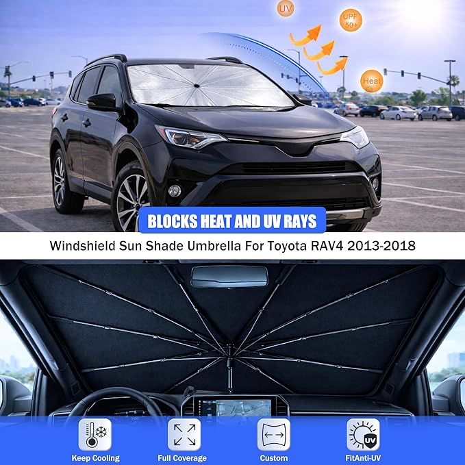 2026 Upgraded Car Windshield Sun Shade Umbrella - Custom-Fit for Toyota RAV4 2013-2018 Umbrella Sunshade,Easy Install,UV Protection & Heat Reflective,Keep Interior Cooler with Storage Bag