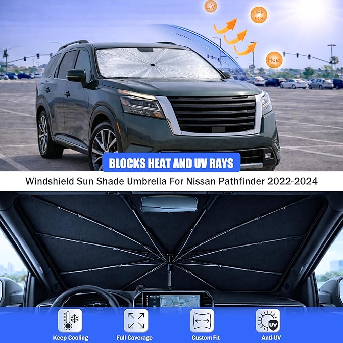 Car Windshield Sun Shade Umbrella - Custom-Fit for Ni-ss-an Pathfinder 2022-2024 Umbrella Sunshade,Easy Install,UV Protection & Heat Reflective,Keep Interior Cooler with Storage Bag