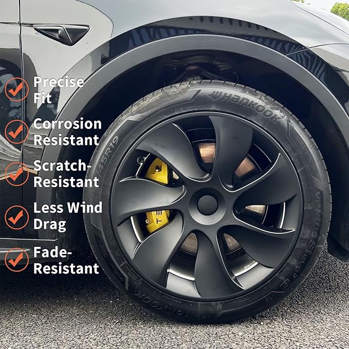 Tesla Model Y Wheel Covers 19 Inch 2020-2024 Uberturbine Tesla Model Y Uberturbine Hubcaps Left-Right Aero Symmetry, Matte Black, Wind Drag Reduction Model Y Accessories with Tire Repair Kit (4 Pack)