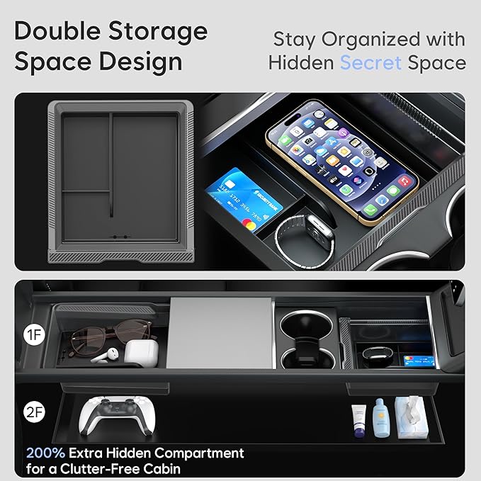 Farmogo Center Console Organizer Tray for Tesla Model Y Juniper (Only Premium & Performance 2025-2026) & Model 3 Highland (2024-2026) Accessories [Premium PC + Silent Silicone Liner] 4pcs Black