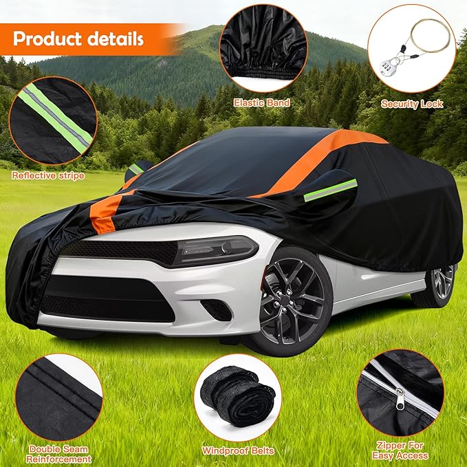 Car Cover for Dodge Charger/Challenger 2008-2026, Multi-Layer Automobiles Covers Waterproof All Weather with Zipper Door, Sun Rain Snow Dust Protection