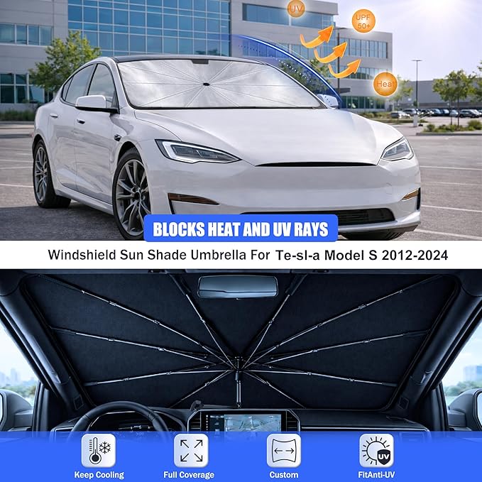 Car Windshield Sun Shade Umbrella - Custom-Fit for Te-sl-a Model S 2012-2024 2012-2024 Umbrella Sunshade,Easy Install,UV Protection & Heat Reflective,Keep Interior Cooler with Storage Bag