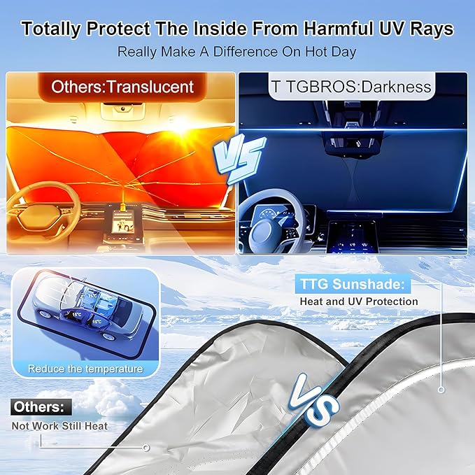 T TGBROS Windshield Sun Shade for Ford Mustang Mach-E 2021-2025 2026 Front Window Sunshade Sun Shield Foldable Sun Visor Cover for Mustang Mache Accessories Block Heat and Sun Protection