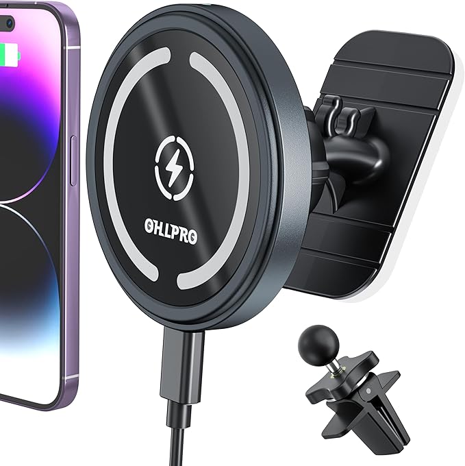 OHLPRO for MagSafe Car Mount Charger iPhone Wireless Car Charger, Stick on Dashboard Magnetic Phone Holder Mount for iPhone 17 Pro Plus Max 16 15 14 13 12 Series, 15W Fast Charging, Aluminum Shell