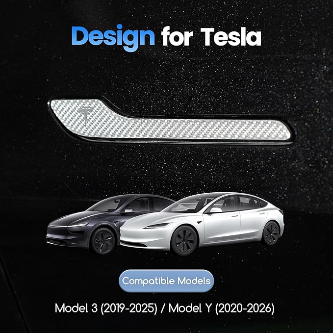 Polwlamks 4 Pack Door Handle Cover Fits Model Y/Model 3, Real Carbon Fiber Handle Cover Sticker, 3D Tesla Door Handle Protector Wrap Covers with 3M Self-Adhesive Backing, Tesla Exterior Accessories