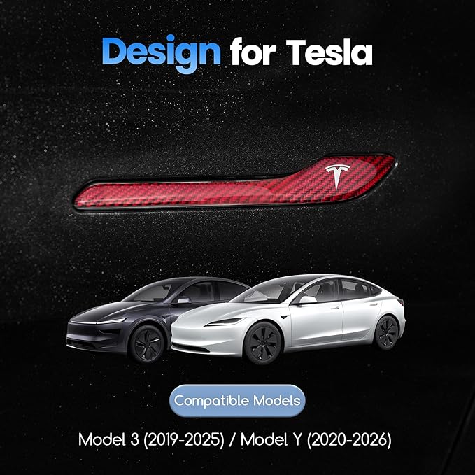 Polwlamks 4 Pack Door Handle Cover Fits Model Y/Model 3, Real Carbon Fiber Handle Cover Sticker, 3D Tesla Door Handle Protector Wrap Covers with 3M Self-Adhesive Backing, Tesla Red Accessories