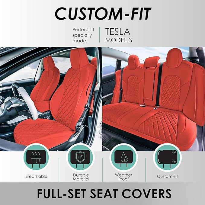 FH Group Custom Fit Car Seat Covers Specifically Made for 2017–2023 Tesla Model 3 Full Set Solid Red Ultraflex Neoprene Car Seat Covers, Waterproof Automotive Seat Covers, Tesla Accessories