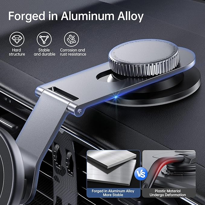 SYNCWIRE Fits MagSafe Car Mount for Universal Dashboard,Tesla Screen, Magnetic Phone Holder for Car, Foldable Aluminum Alloy Arm,Super Stable Car Mount for iPhone 17 Pro Max 16 15 14 13 12&All Phones