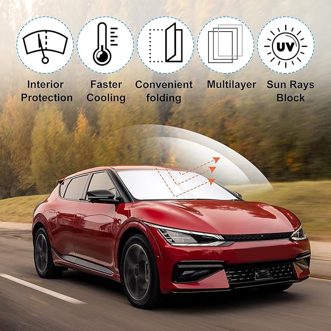 YYCKE Windshield Sun Shade Accessories Compatible with 2022 2023 2024 2025 EV6 for Kia Foldable Sunshade Sun Visor Blocks UV
