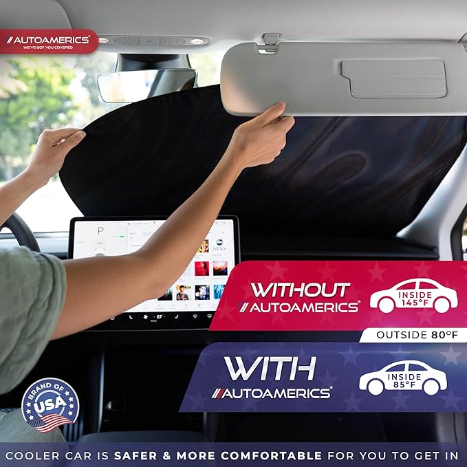 Autoamerics 2-Piece Windshield Sun Shade - Chrome Liquid Foldable Car Front Window Sunshade for Most Cars SUV Truck Heat Blocker Visor Protector Blocks Max UV Rays and Keeps Your Vehicle Cool - Large
