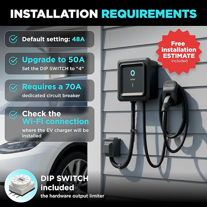 EVIQO NACS Charger for Tesla 40-48 Amp Hardwired Level 2 EV Charger - 240V Wall EV Charger Level 2, 25ft Cable, WiFi (2.4 GHz) Smart App - Weatherproof, Outdoor (IP66,NEMA 4) UL, ETL Certified