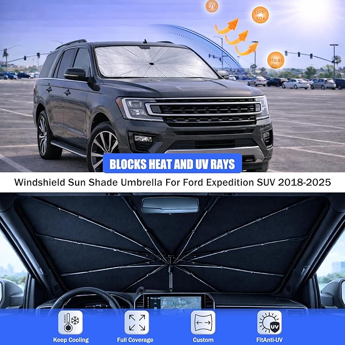 Car Windshield Sun Shade Umbrella - Custom-Fit for Ford Expedition SUV 2018-2025 Umbrella Sunshade,Easy Install,UV Protection & Heat Reflective,Keep Interior Cooler with Storage Bag