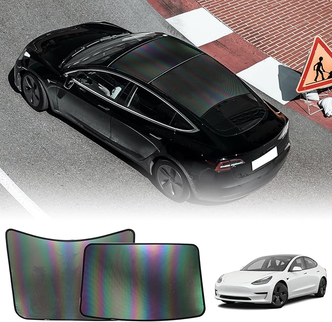 ROCCS Sunshade Roof for Tesla Model 3 2023-2021, Colorful Ice Crystal Glass Roof Sunshade, No-Sag Design, Retractable, Heat Insulation, Snap Foldable (Black)