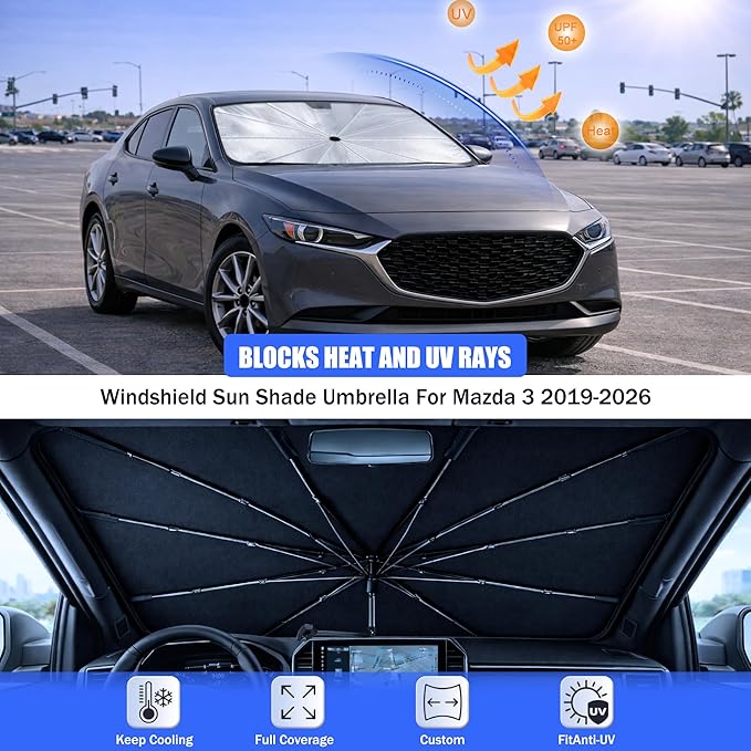 2026 Upgraded Car Windshield Sun Shade Umbrella - Custom-Fit for Mazda 3 2019-2026 Umbrella Sunshade,Easy Install,UV Protection & Heat Reflective,Keep Interior Cooler with Storage Bag