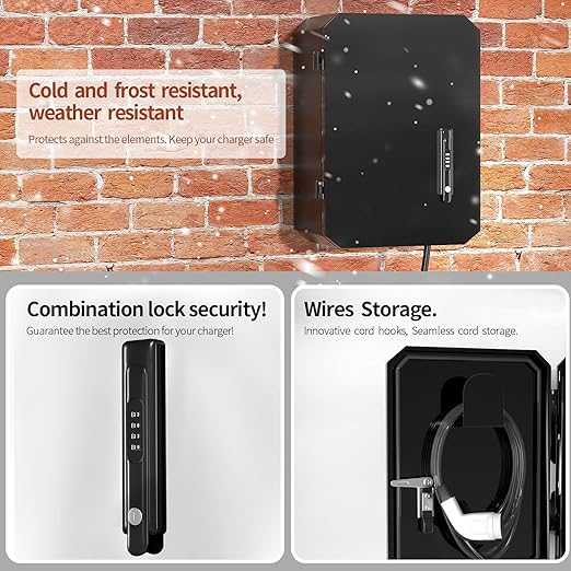 Wall-Mounted 1.2mm Cold Rolled Steel Electric Vehicle Charging Protection Box for Tesla, Waterproof Indoor/Outdoor Enclosure with Lock | Seamless One-Piece Design (Black)