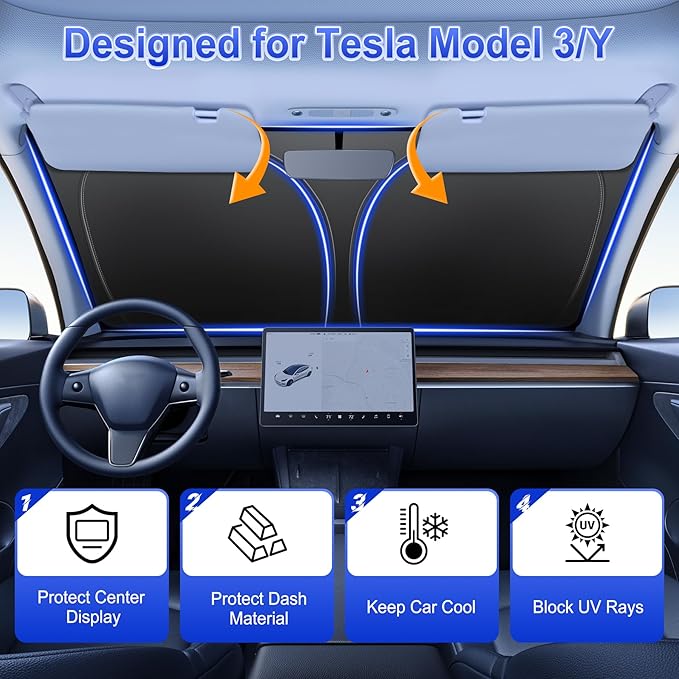 SINGARO Car Windshield Sun Shade, Foldable Reflective Sun Shade for Car Windshield, Compatible with Tesla Model Y Model 3 2016~2025