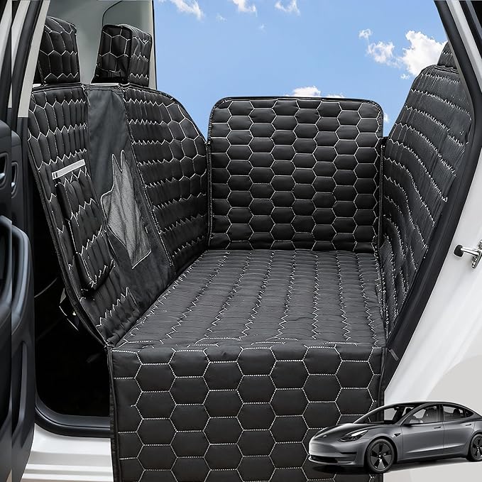Dog Seat Covers for Tesla Model Y,Dog Hammock for Tesla with Side Flaps, 100% Waterproof Model Y Dogs Accessories with Mesh Window & Headrest Protector Easy Clean up Pet Car Seat Cover