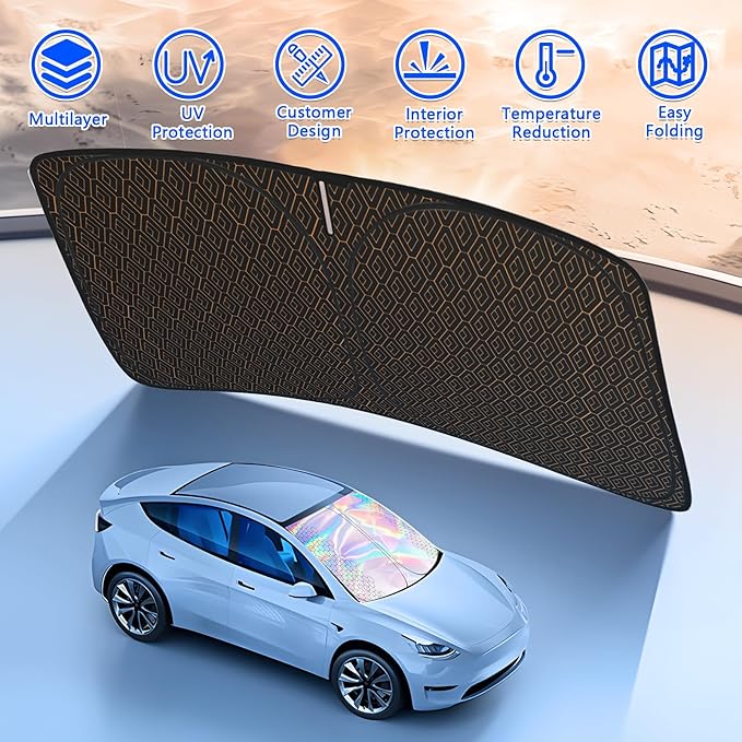 Iridescent Windshield Sun Shade Custom Fit Tesla Model 3/Y, Upgrade 5 Layers 480T Laser Titanium Silver Window Car Sunshade, Mirror Cut-Out, Rhombus Lattice Shades for Front Window, Block UV Rays Heat