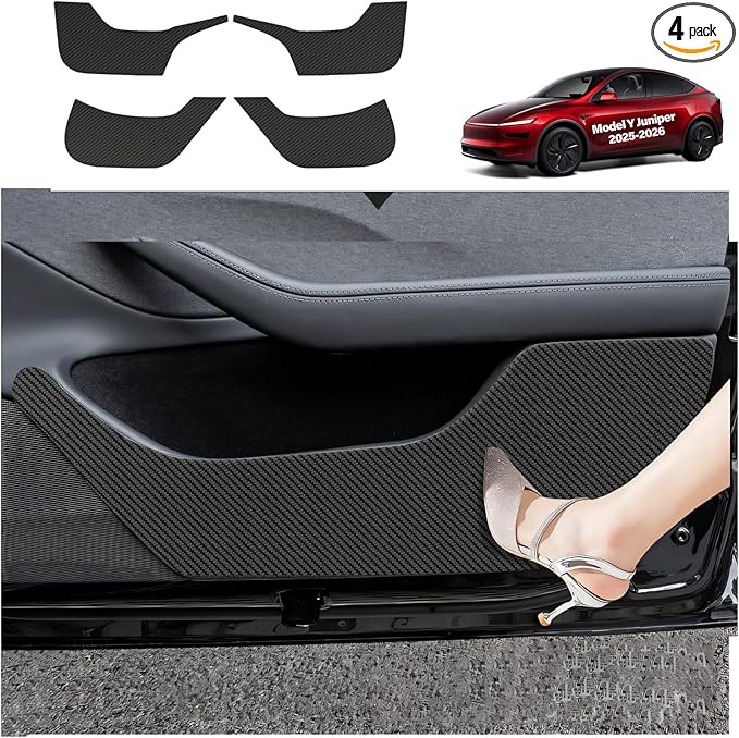 for Tesla Car Door Protector Model Y Juniper Accessories 2025-2026 Carbon Fiber Texture Door Side Protector Anti-Dirty Kick Mat Waterproof Dust Resistant Protector Cover Leather Pad 4PCS