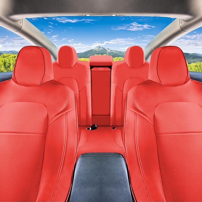FH Group Custom Fit Car Seat Covers Specifically Made for 2017–2023 Tesla Model 3 Full Set Solid Red Faux Leather Car Seat Covers, Waterproof Automotive Seat Covers, Tesla Accessories