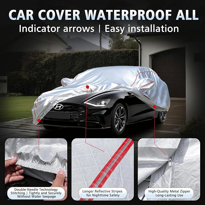 Car Cover Waterproof All Weather for Sonata Hyundai,All-Around Fastening and 4 Upgrades, 60s Quick-Install for Car Cover